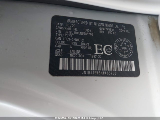 JN1BJ1BW6NW485703 Nissan Qashqai Sl/sv