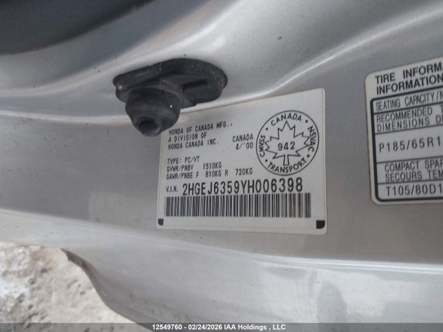Aukcja sprzedaży 2000 Honda Civic Special Edition, vin: 2HGEJ6359YH006398, numer aukcji: 12549760