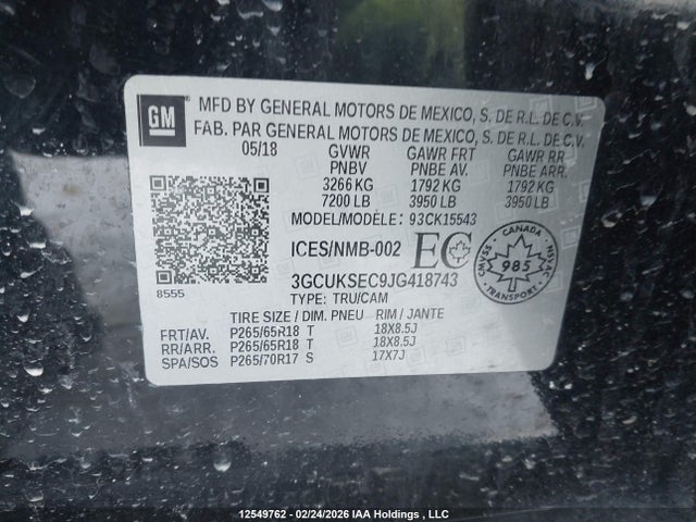 3GCUKSEC9JG418743 Chevrolet Silverado K1500 Ltz