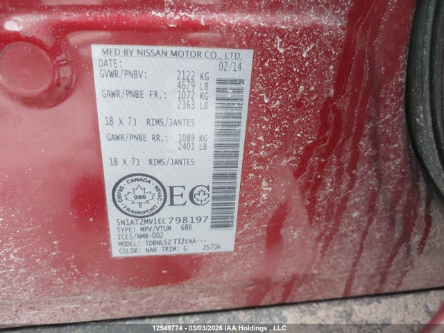 5N1AT2MV1EC798197 Nissan Rogue S/sl/sv