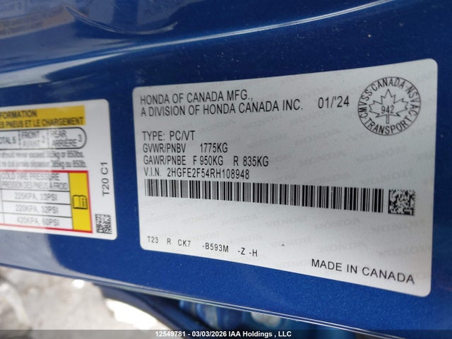 12549781 :رقم المزاد ، 2HGFE2F54RH108948 vin ، 2024 Honda Civic مزاد بيع