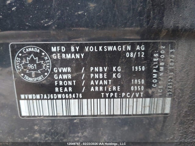 12549787 :رقم المزاد ، WVWDM7AJ6DW069476 vin ، 2013 Volkswagen Golf مزاد بيع