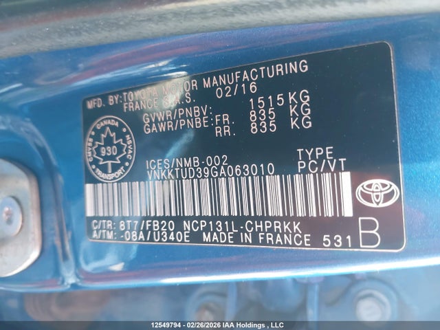 VNKKTUD39GA063010 Toyota Yaris L/le/se