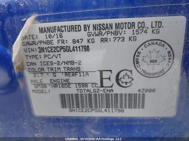 Aukcja sprzedaży 2016 Nissan Versa Note 1.6 S/1.6 Sl/1.6 Sr/1.6 Sv, vin: 3N1CE2CP5GL411798, numer aukcji: 12549804