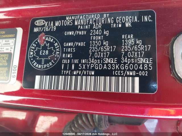 5XYPGDA33KG600485 KIA Sorento 2.4l Lx