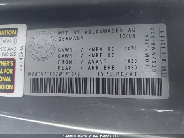Aukcja sprzedaży 2007 Volkswagen New Gti, vin: WVWEV71K97W141642, numer aukcji: 12549809