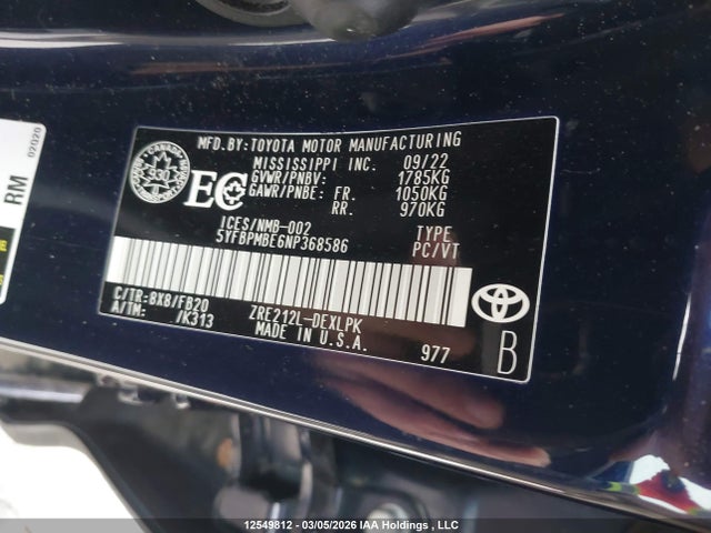12549812 :رقم المزاد ، 5YFBPMBE6NP368586 vin ، 2022 Toyota Corolla Le مزاد بيع