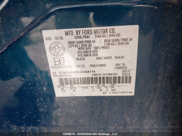 Aukcja sprzedaży 2020 Ford Edge Sel, vin: 2FMPK4J99LBA64114, numer aukcji: 12549819