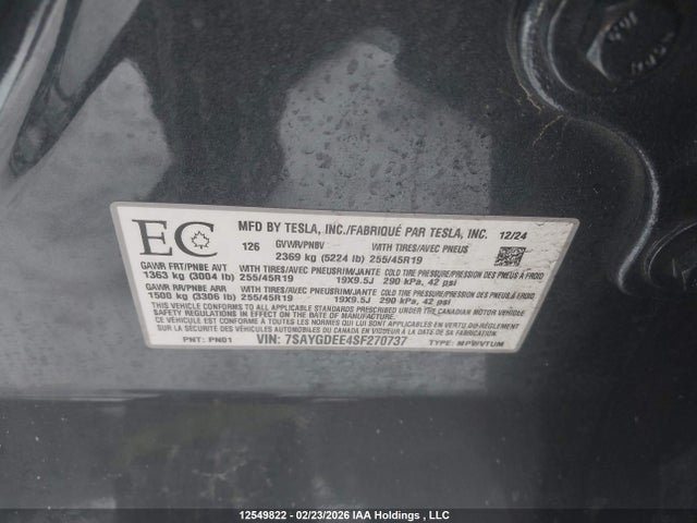 7SAYGDEE4SF270737 Tesla Model Y Long Range