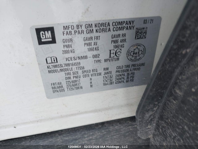 12549831 :رقم المزاد ، KL79MSSL7MB164559 vin ، 2021 Chevrolet Trailblazer Activ مزاد بيع