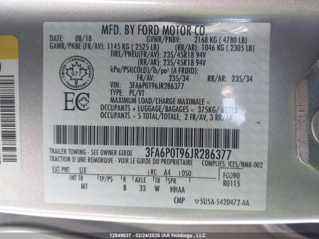 Aukcja sprzedaży 2018 Ford Fusion Se, vin: 3FA6P0T96JR286377, numer aukcji: 12549837