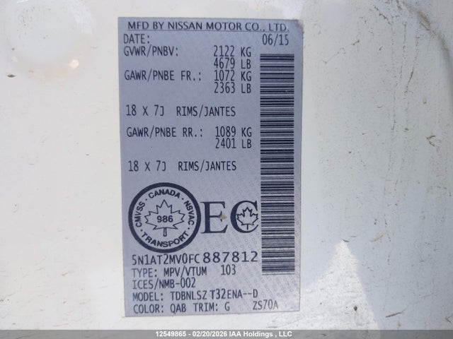 Продаж на аукціоні авто 2015 Nissan Rogue S/sl/sv, vin: 5N1AT2MV0FC887812, номер лоту: 12549865