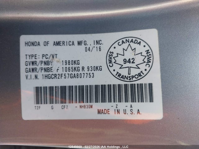 1HGCR2F57GA807753 Honda Accord Sport