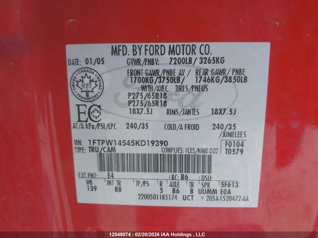 12549874 :رقم المزاد ، 1FTPW14545KD19390 vin ، 2005 Ford F-150 Fx4/lariat/xlt مزاد بيع