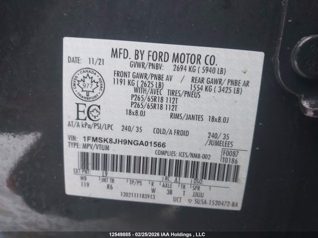 1FMSK8JH9NGA01566 Ford Explorer Timberline