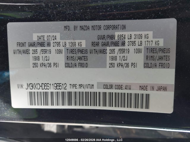 12549886 :رقم المزاد ، JM3KKCHD6S1196512 vin ، 2025 Mazda Cx-90 Premium Sport مزاد بيع