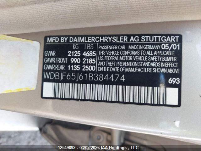 Aukcja sprzedaży 2001 Mercedes-benz E 320, vin: WDBJF65J61B384474, numer aukcji: 12549892