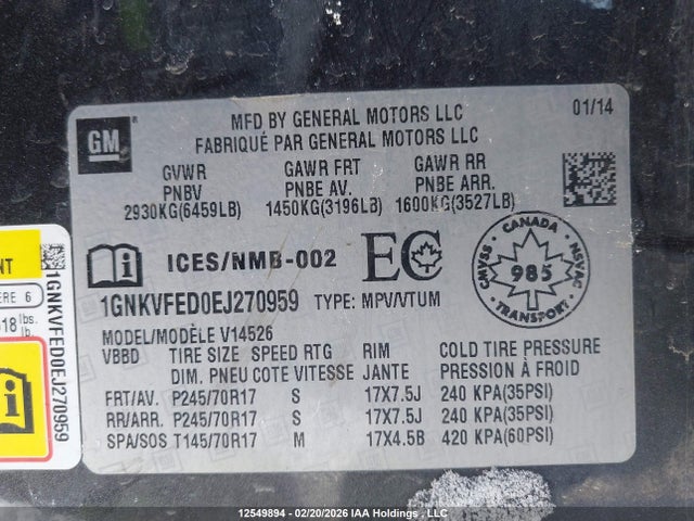 Aukcja sprzedaży 2014 Chevrolet Traverse Ls, vin: 1GNKVFED0EJ270959, numer aukcji: 12549894