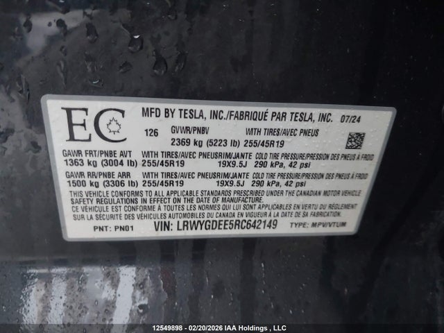 Продажа на аукционе авто 2024 Tesla Model Y, vin: LRWYGDEE5RC642149, номер лота: 12549898