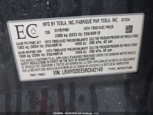 Продажа на аукционе авто 2024 Tesla Model Y, vin: LRWYGDEE5RC642149, номер лота: 12549898