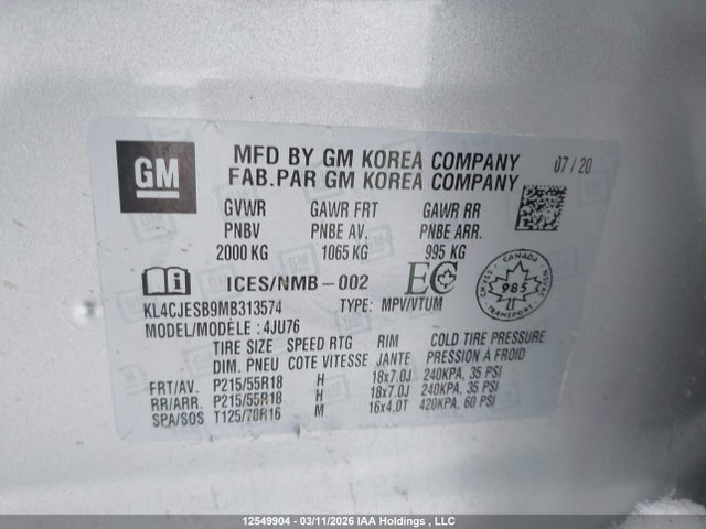 Aukcja sprzedaży 2021 Buick Encore, vin: KL4CJESB9MB313574, numer aukcji: 12549904
