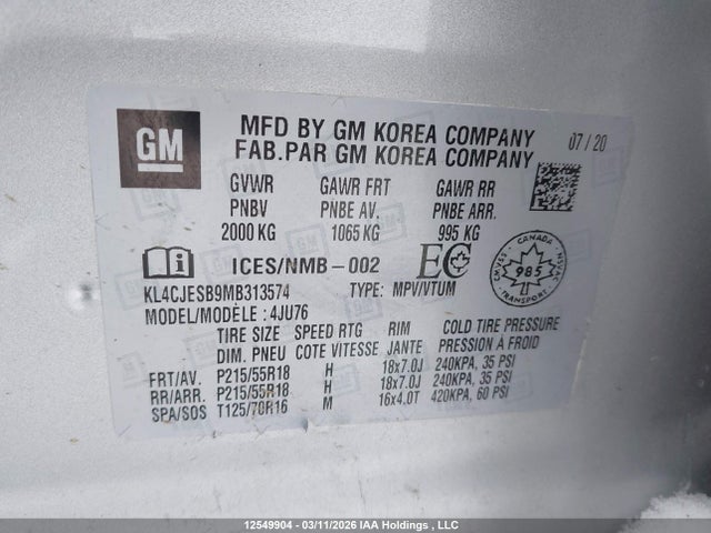 Aukcja sprzedaży 2021 Buick Encore, vin: KL4CJESB9MB313574, numer aukcji: 12549904