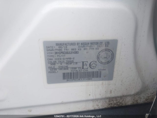 3N1CP5CU8JL514383 Nissan Kicks S/sr/sv