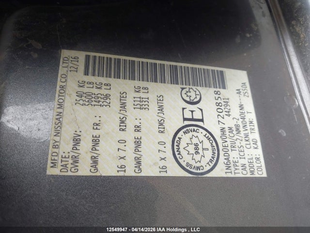 1N6AD0EV0HN720858 Nissan Frontier Pro-4x