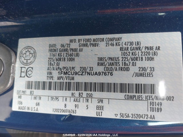 1FMCU9CZ7NUA97676 Ford ESCAPE SEL