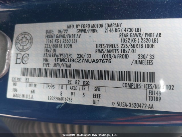 1FMCU9CZ7NUA97676 Ford ESCAPE SEL