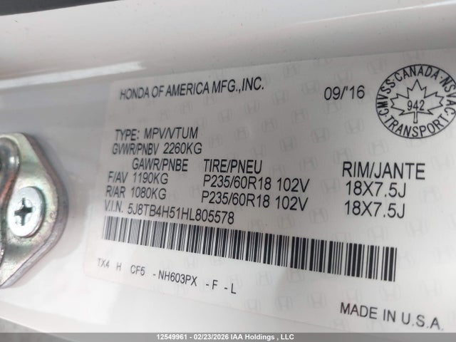 12549961 :رقم المزاد ، 5J8TB4H51HL805578 vin ، 2017 Acura Rdx Technology مزاد بيع