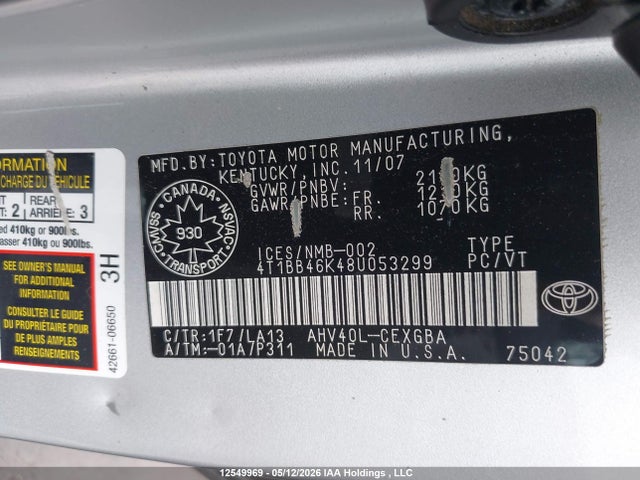 12549969 :رقم المزاد ، 4T1BB46K48U053299 vin ، 2008 Toyota Camry Hybrid مزاد بيع