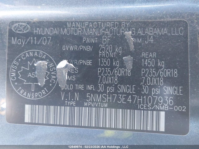 12549974 :رقم المزاد ، 5NMSH73E47H107936 vin ، 2007 Hyundai Santa Fe Se/limited مزاد بيع