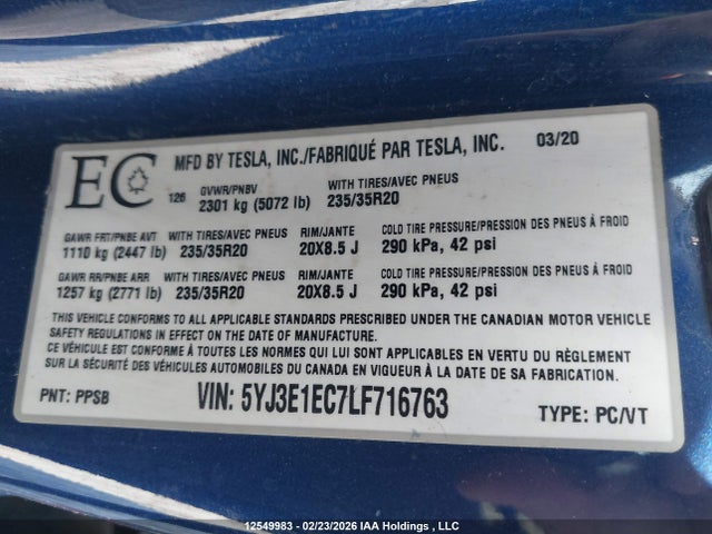 Tesla MODEL 3 2020 5YJ3E1EC7LF716763 Image 9