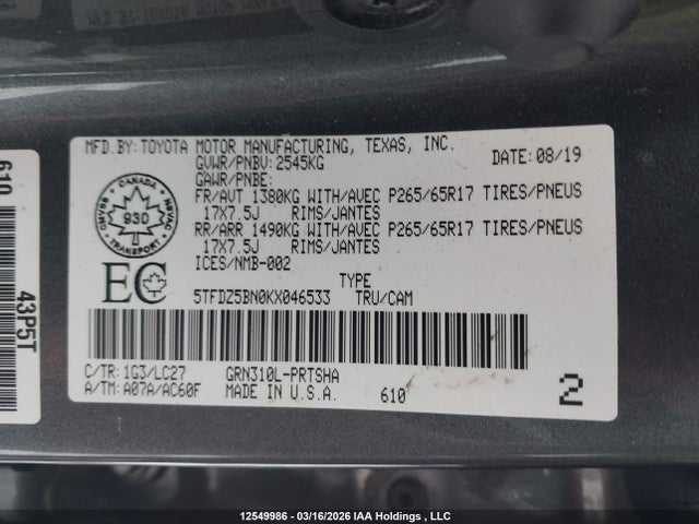 12549986 :رقم المزاد ، 5TFDZ5BN0KX046533 vin ، 2019 Toyota Tacoma مزاد بيع