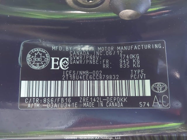 2012 Toyota Corolla Ce მანქანა იყიდება აუქციონზე, vin: 2T1BU4EE6CC879832, აუქციონის ნომერი: 12549994