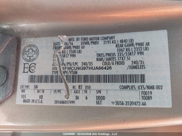 1FMCU9G97HUA66426 Ford ESCAPE SE