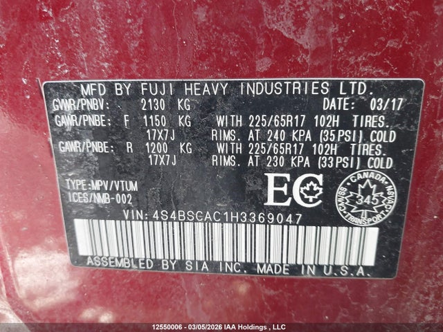 Subaru Outback 2.5i 2017 4S4BSCAC1H3369047 Image 17