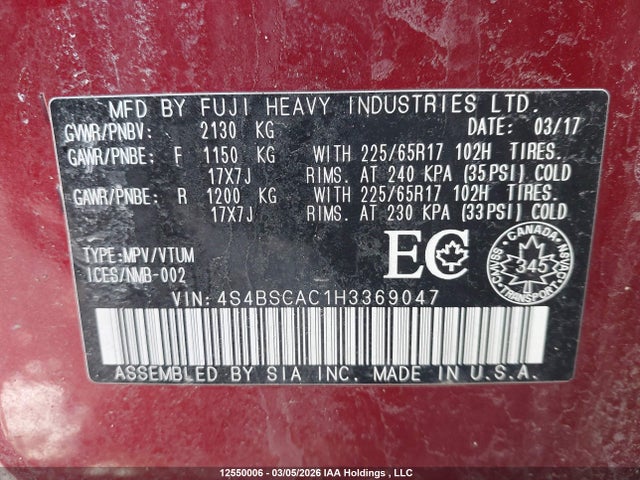 Subaru Outback 2.5i 2017 4S4BSCAC1H3369047 Image 9