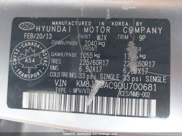 Продаж на аукціоні авто 2013 Hyundai Tucson Gl, vin: KM8JT3AC9DU700681, номер лоту: 12550019