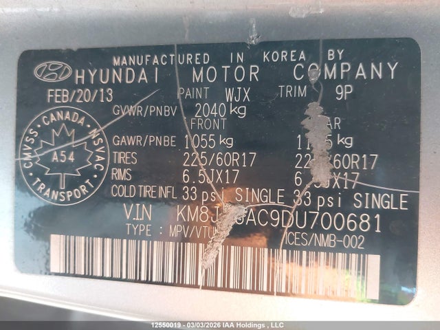 Продаж на аукціоні авто 2013 Hyundai Tucson Gl, vin: KM8JT3AC9DU700681, номер лоту: 12550019