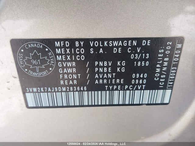 2013 Volkswagen Jetta 2.0l Trendline/2.0l Trendline+ მანქანა იყიდება აუქციონზე, vin: 3VW2K7AJ9DM283646, აუქციონის ნომერი: 12550024