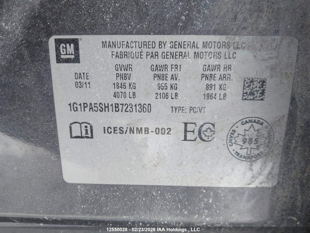 Aukcja sprzedaży 2011 Chevrolet Cruze Ls, vin: 1G1PA5SH1B7231360, numer aukcji: 12550028