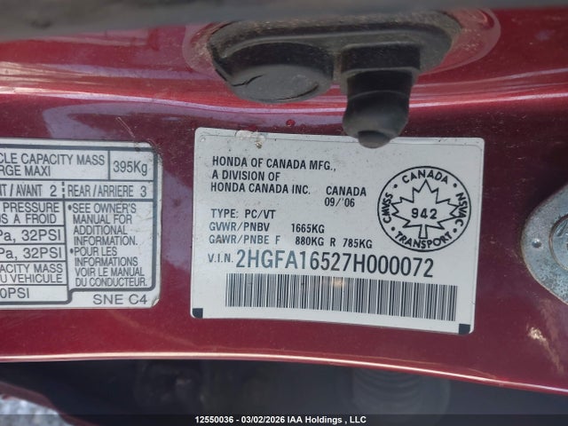 12550036 :رقم المزاد ، 2HGFA16527H000072 vin ، 2007 Honda Civic Lx مزاد بيع