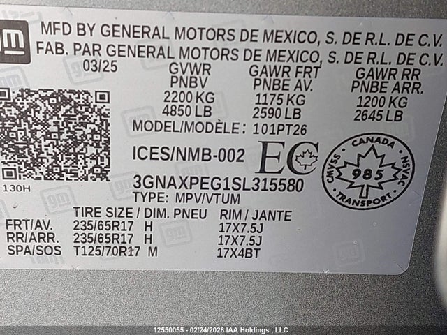 Продаж на аукціоні авто 2025 Chevrolet Equinox Lt, vin: 3GNAXPEG1SL315580, номер лоту: 12550055