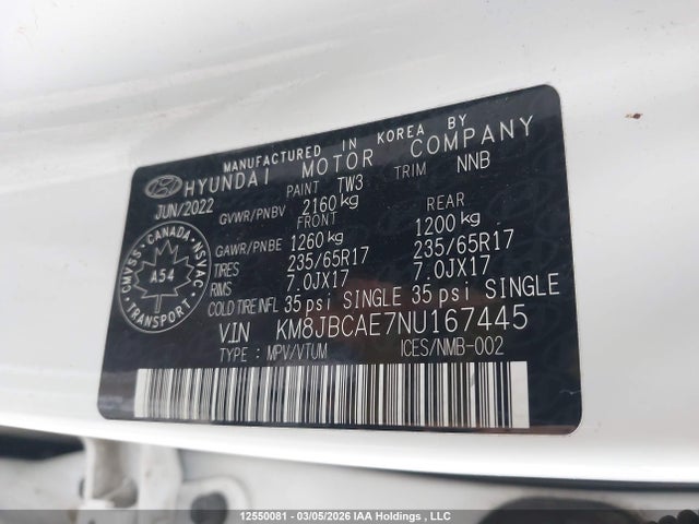 12550081 :رقم المزاد ، KM8JBCAE7NU167445 vin ، 2022 Hyundai Tucson مزاد بيع
