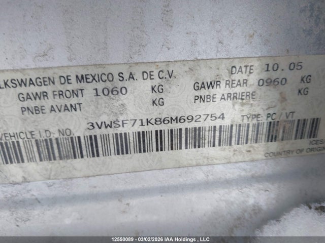 Aukcja sprzedaży 2006 Volkswagen Jetta, vin: 3VWSF71K86M692754, numer aukcji: 12550089