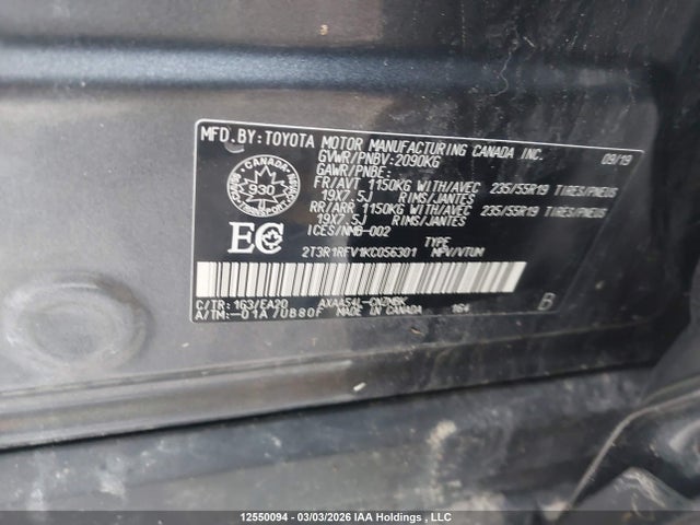 2019 Toyota Rav4 Xle მანქანა იყიდება აუქციონზე, vin: 2T3R1RFV1KC056301, აუქციონის ნომერი: 12550094