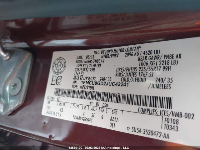 Aukcja sprzedaży 2018 Ford Escape, vin: 1FMCU0GD2JUC42241, numer aukcji: 12550100