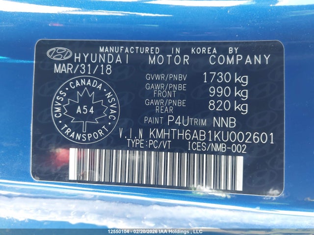 KMHTH6AB1KU002601 Hyundai Veloster Turbo
